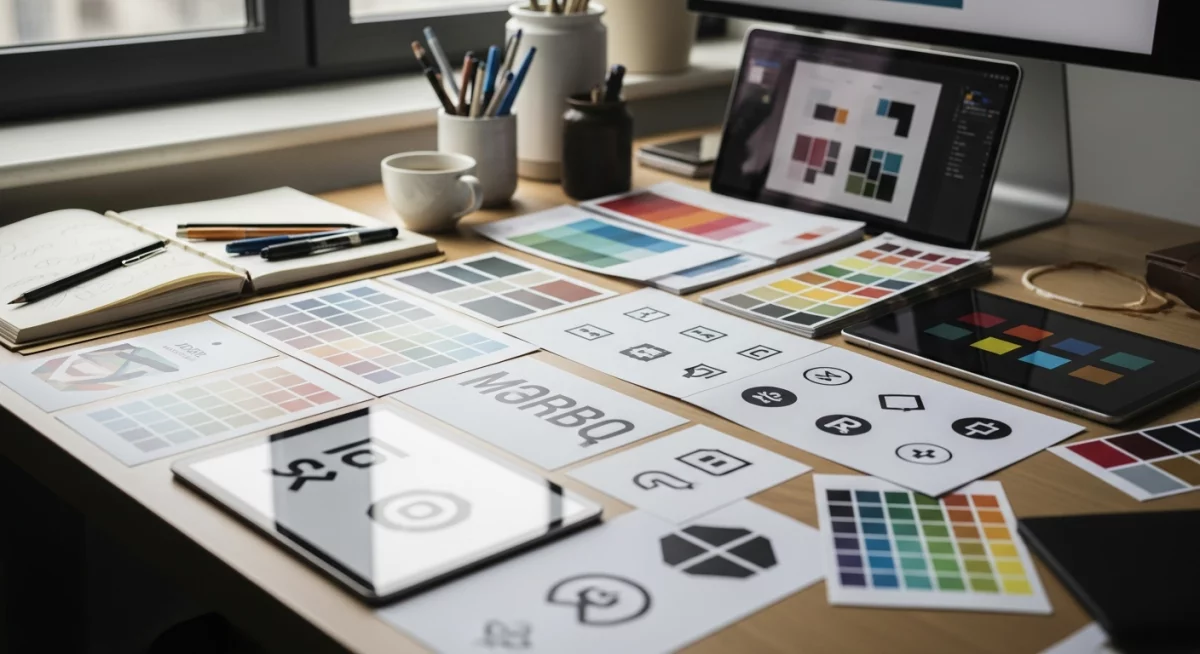 Éléments visuels d'un brand book avec logo, couleurs et typographies