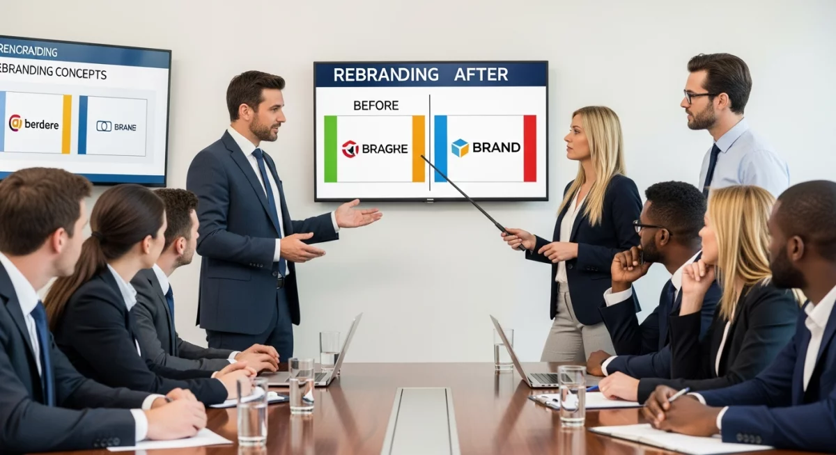 Processus créatif de rebranding montrant l'évolution d'esquisses de logos vers une identité visuelle finalisée sur une table de designer