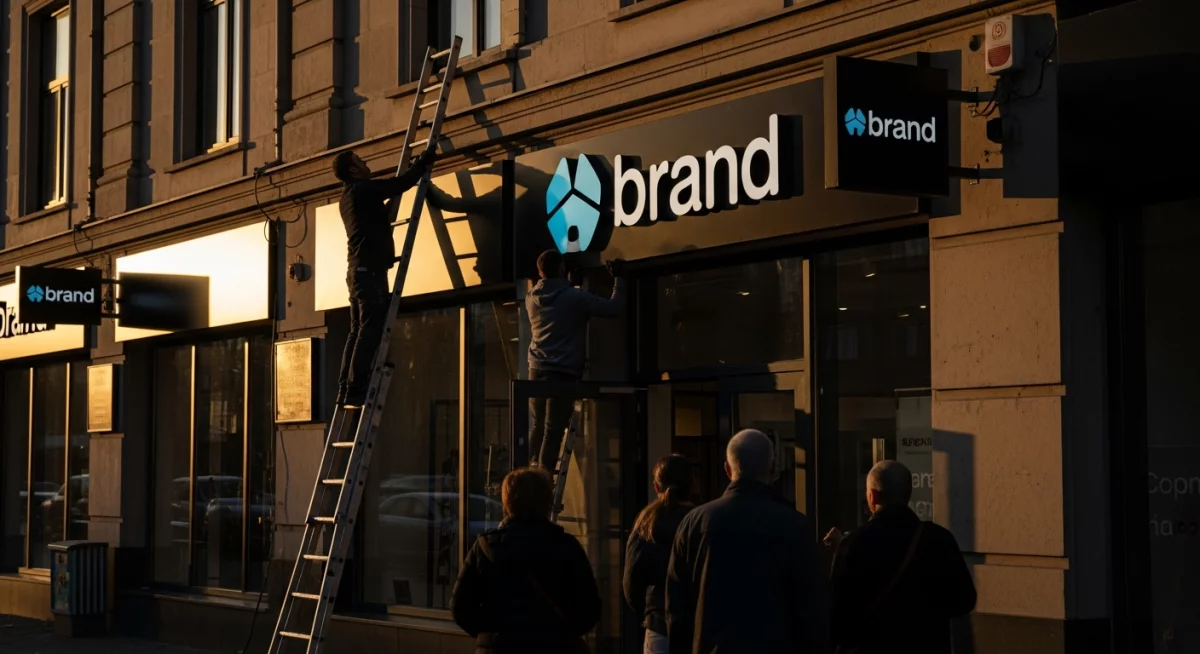 Équipe de direction examinant des boards de présentation montrant l'ancienne et la nouvelle identité de marque lors d'une réunion stratégique de validation