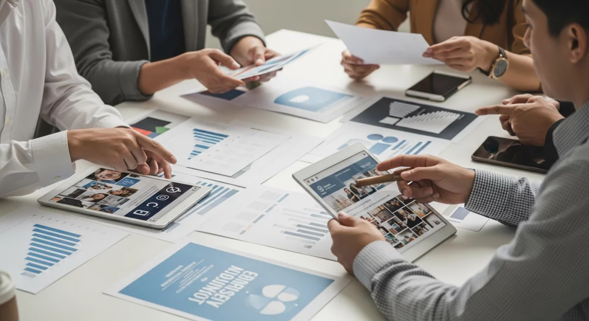 Designer travaillant sur une charte graphique avec palette de couleurs, typographies et mood board créatif illustrant le processus de définition d'identité visuelle