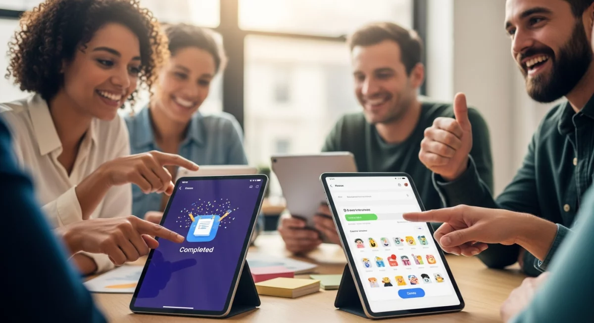 Designer UX travaillant sur une interface émotionnelle avec des éléments visuels colorés et des croquis d'interactions utilisateur sur un écran et papier