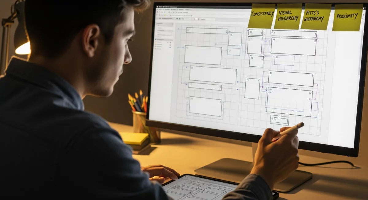 Composition graphique montrant la comparaison entre une mise en page sans hiérarchie visuelle et une version optimisée avec les principes de contraste, taille et espacement appliqués