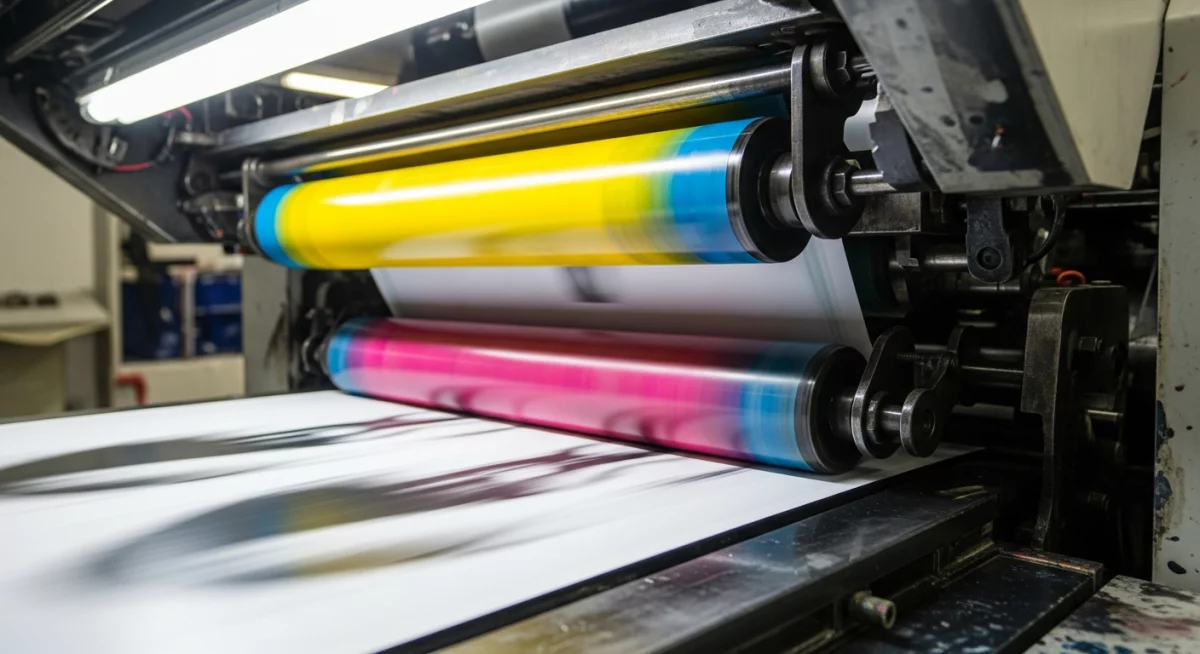 Écrans d'ordinateur affichant une comparaison côte à côte des mêmes visuels en mode RVB et CMJN, montrant les différences de rendu colorimétrique