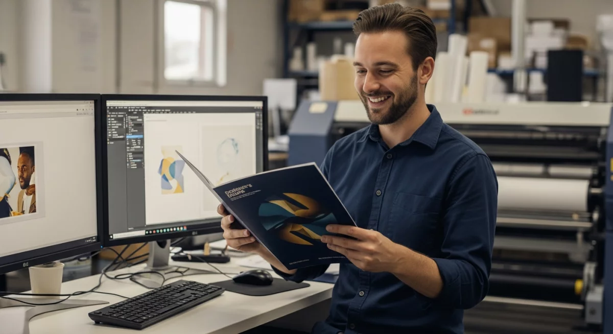 Designer graphique utilisant une pipette numérique sur un nuancier Pantone physique pour ajuster les couleurs d'un projet d'impression sur un grand écran