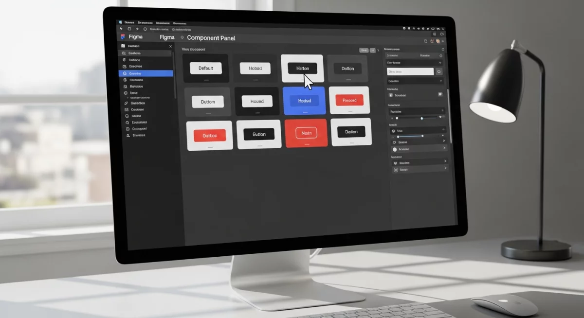 Écran d'ordinateur montrant l'interface de Figma avec des outils de création de formes et de calques organisés