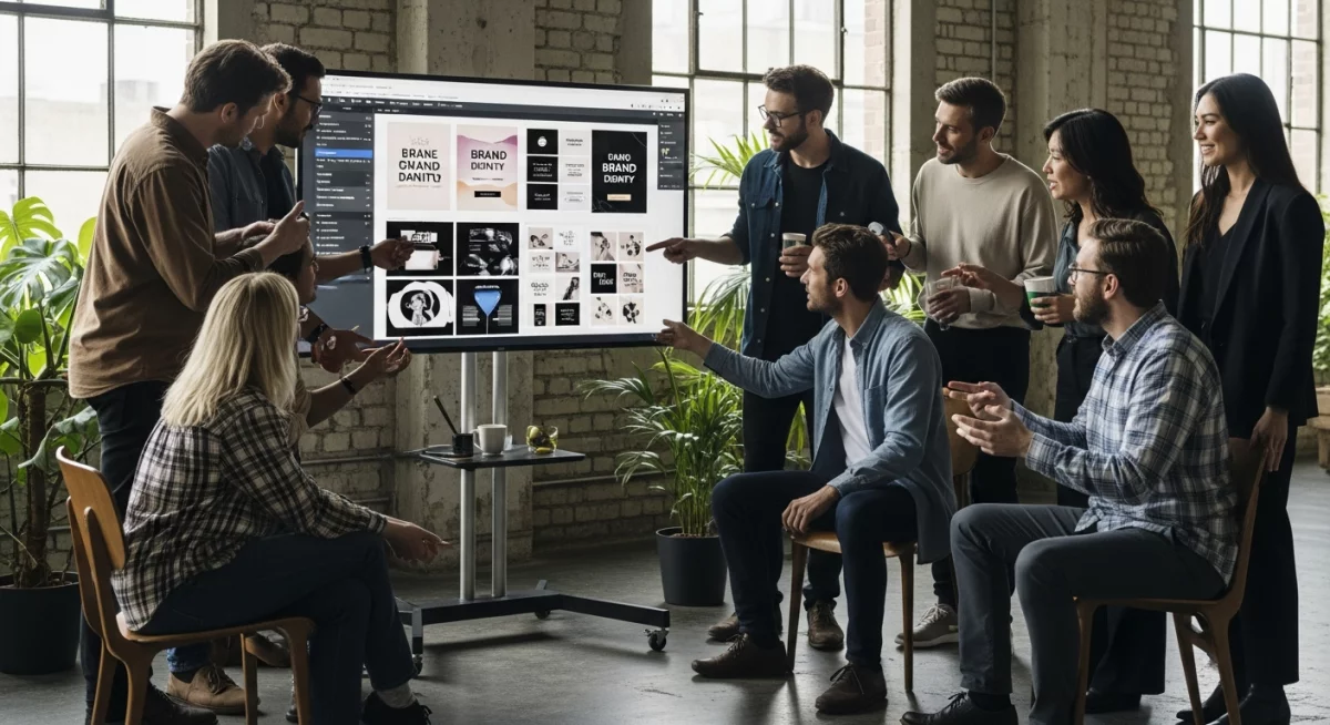 Composition graphique montrant l'évolution d'une identité visuelle avec éléments narratifs et design émotionnel pour Instagram