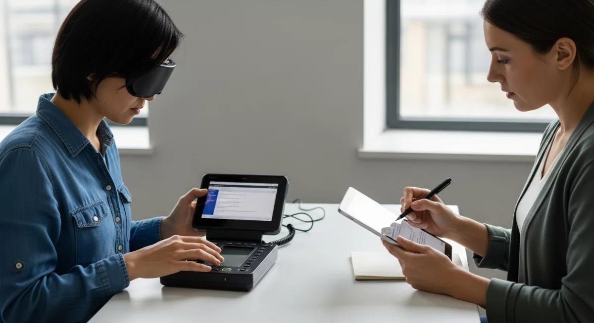 Équipe de designers et développeurs collaborant sur un système de design accessible avec des prototypes d'interfaces inclusives affichés sur plusieurs écrans