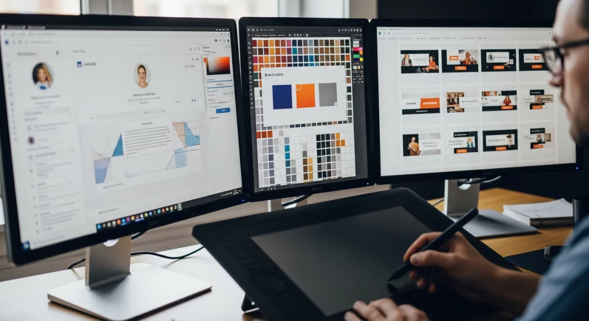 Professionnel ajustant les éléments visuels de son profil LinkedIn sur écran, avec palette de couleurs et grille de composition visible