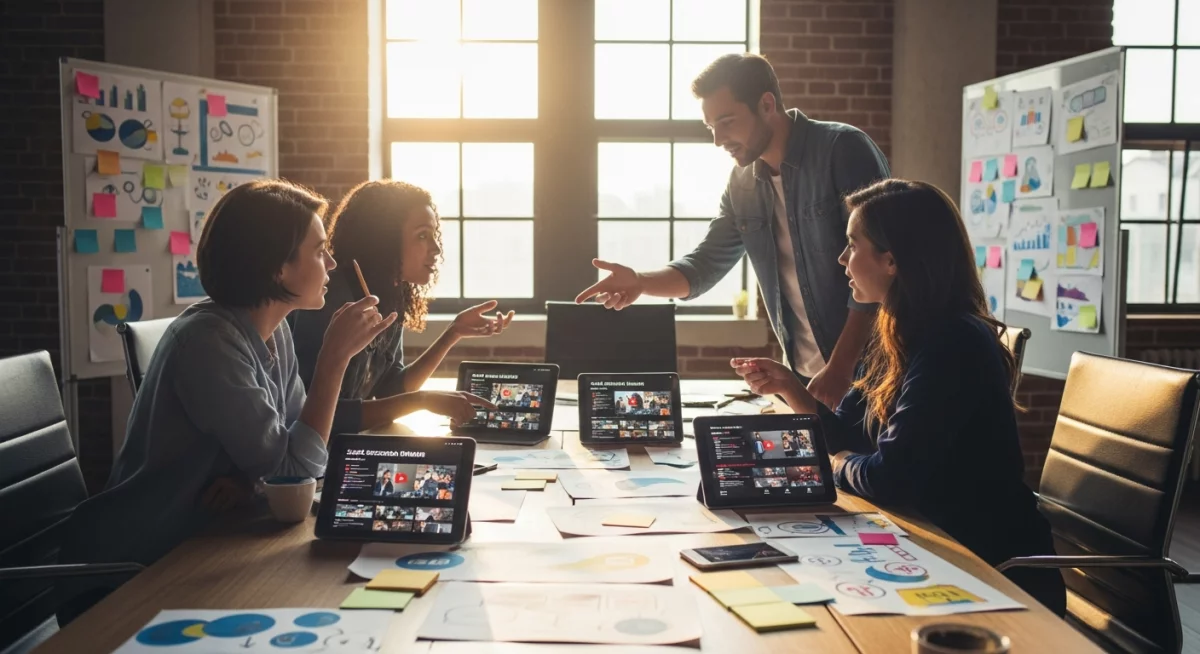 Créateur de contenu utilisant des lunettes AR pour prévisualiser une campagne vidéo immersive avec éléments holographiques