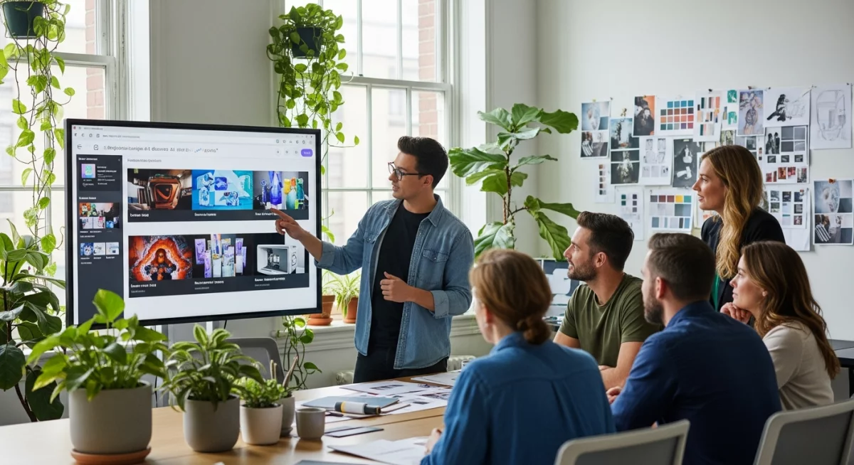 Designer professionnel utilisant plusieurs interfaces d'outils IA de design graphique sur plusieurs écrans, comparant les résultats de génération d'images entre différentes plateformes dans un studio moderne