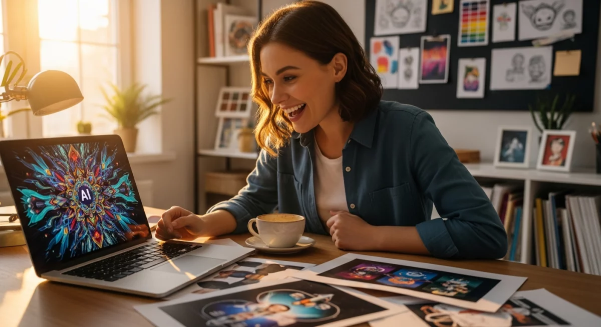 Processus de création collaborative montrant un graphiste professionnel présentant à une équipe diverses options de visuels générés par IA sur un grand écran tactile, discussion créative dans un espace de coworking lumineux