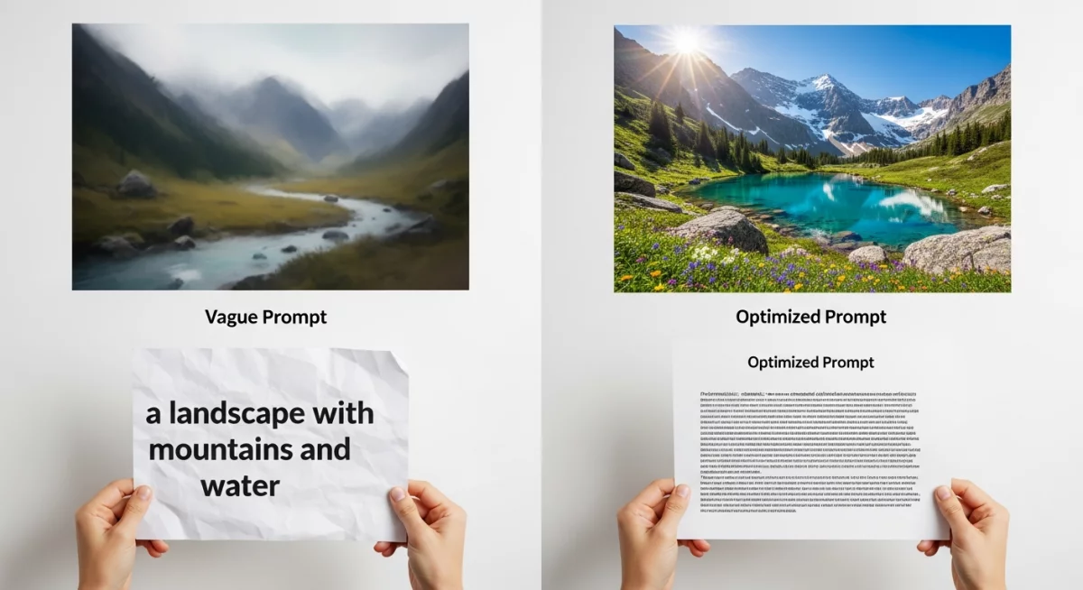 Interface d'outil IA montrant la comparaison entre un prompt vague et un prompt structuré avec leurs résultats visuels côte à côte