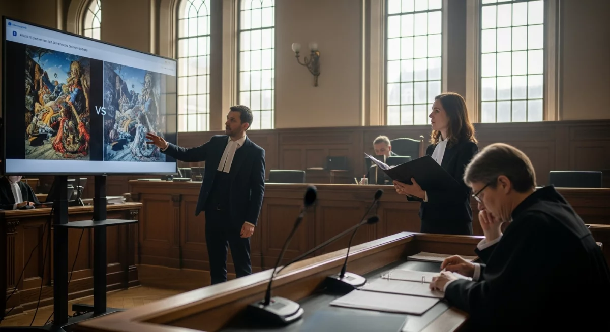 Interface d'intelligence artificielle affichant des paramètres juridiques et éthiques pour la création de contenu, avec des mentions de droits d'auteur et conformité légale