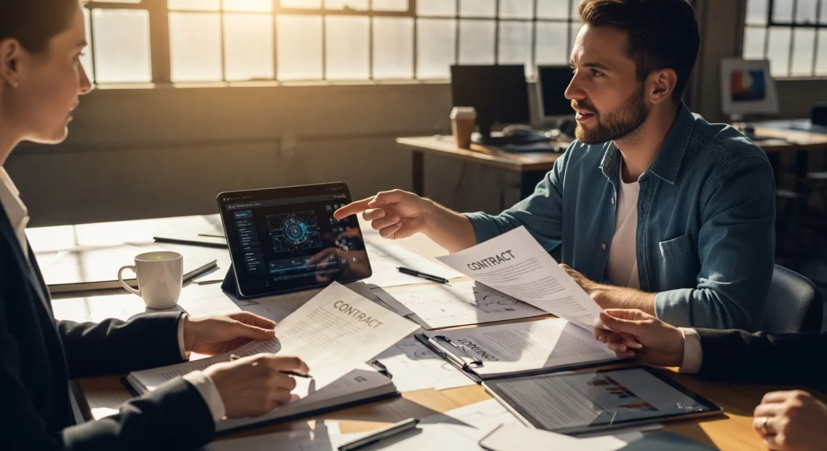 Salle d'audience moderne lors d'un procès sur la propriété intellectuelle liée à l'IA, avec avocats consultant des documents juridiques et écrans affichant des exemples de créations générées