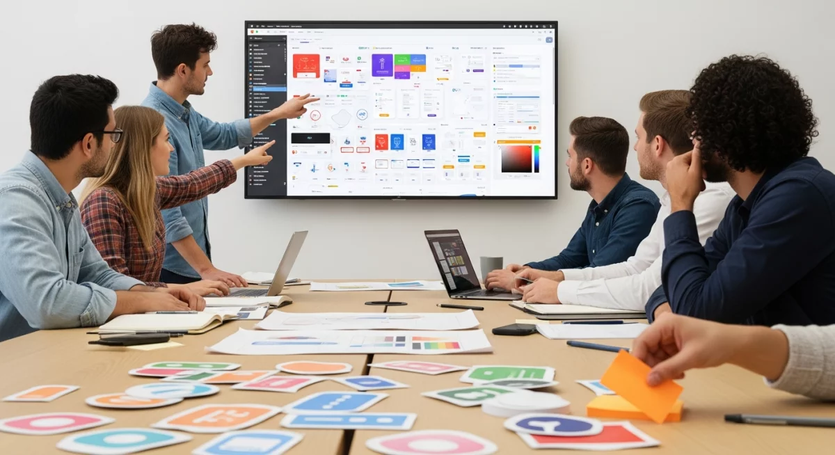 Interface Figma montrant l'organisation structurée d'un design system avec panneaux de composants, propriétés variables et documentation intégrée
