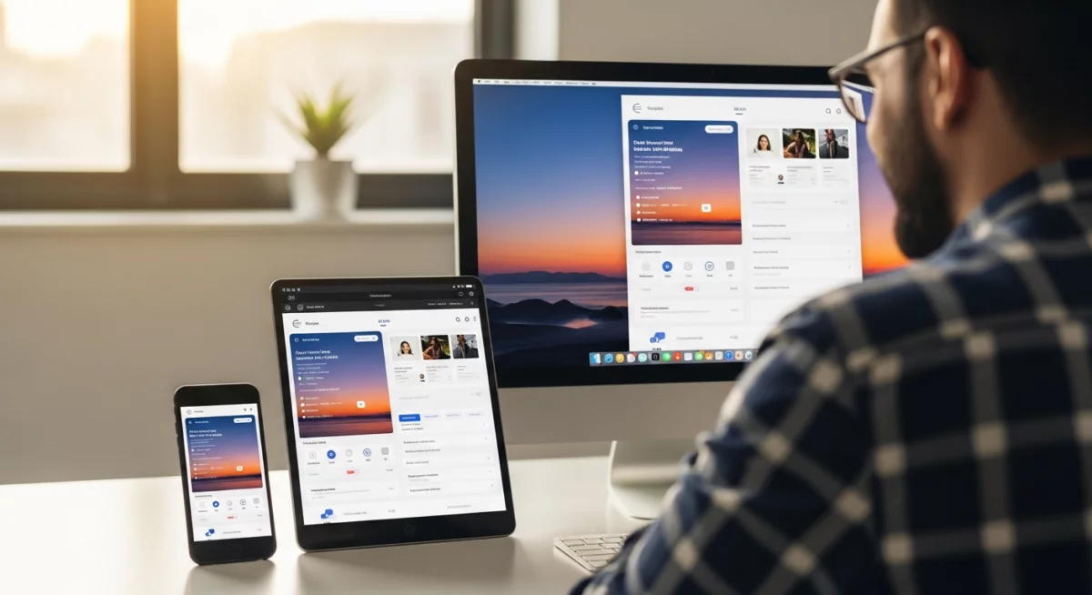 Designer travaillant sur l'adaptation d'un design system avec plusieurs écrans affichant des composants personnalisés et une charte graphique cohérente