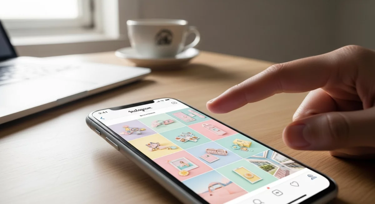 Écran de smartphone affichant une grille Instagram harmonieuse avec une palette de couleurs cohérente