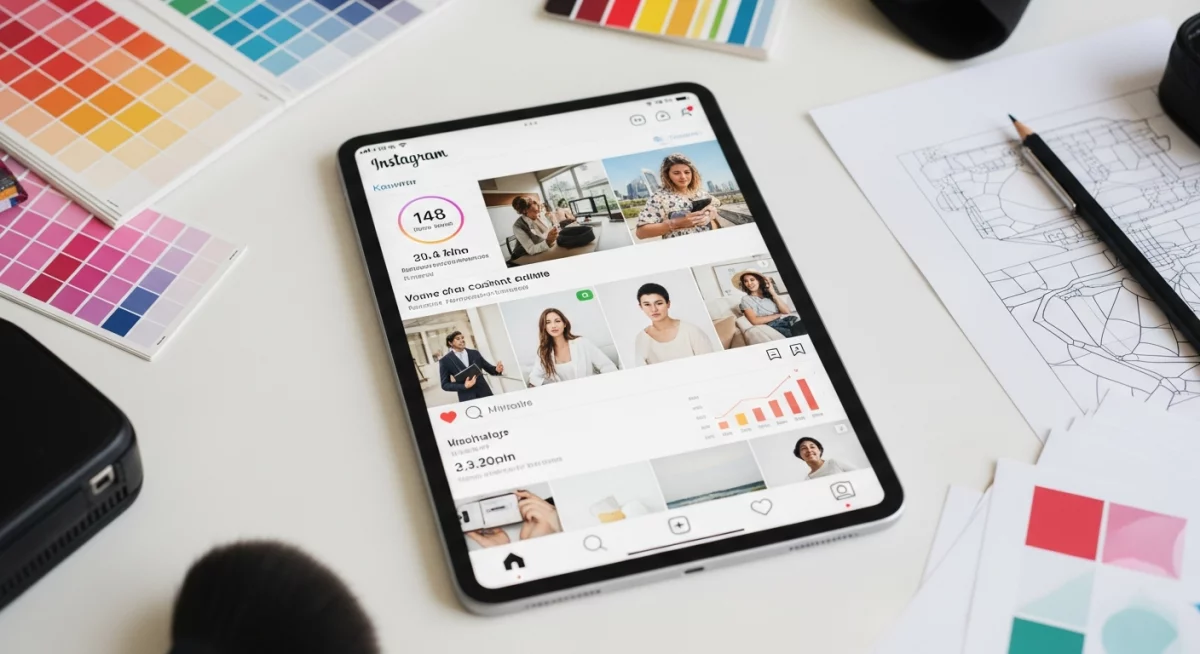 Bureau créatif avec téléphone affichant un feed Instagram organisé, entouré d'échantillons de couleurs et de mood board