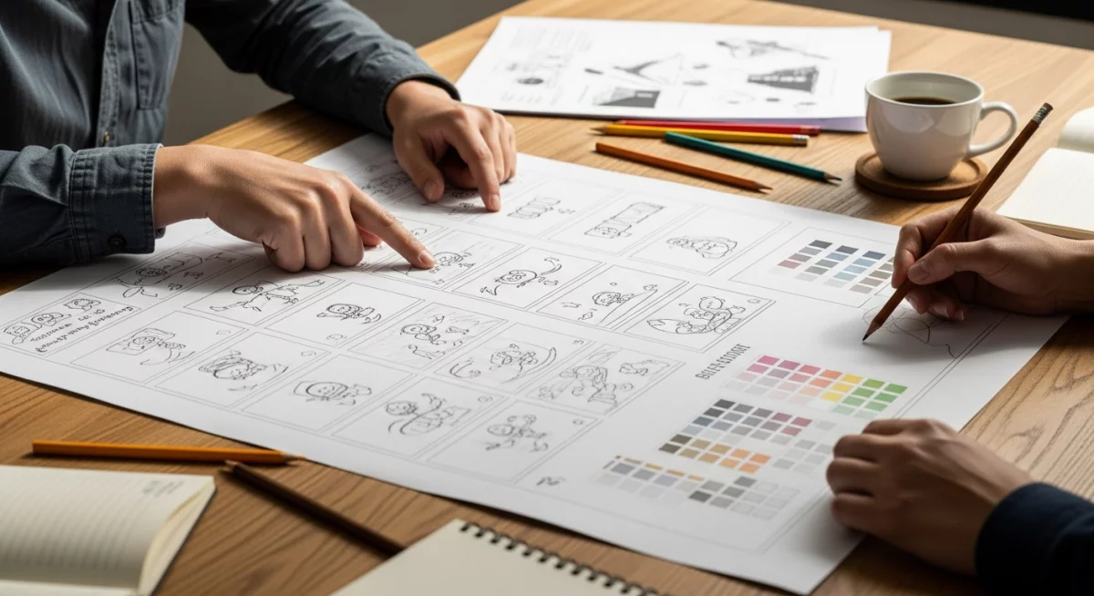 Motion designer travaillant sur Adobe After Effects avec plusieurs écrans montrant des animations graphiques colorées