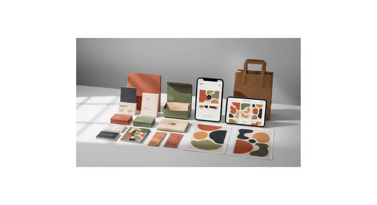 Équipe créative analysant des déclinaisons de charte graphique sur écrans et supports imprimés dans un studio lumineux