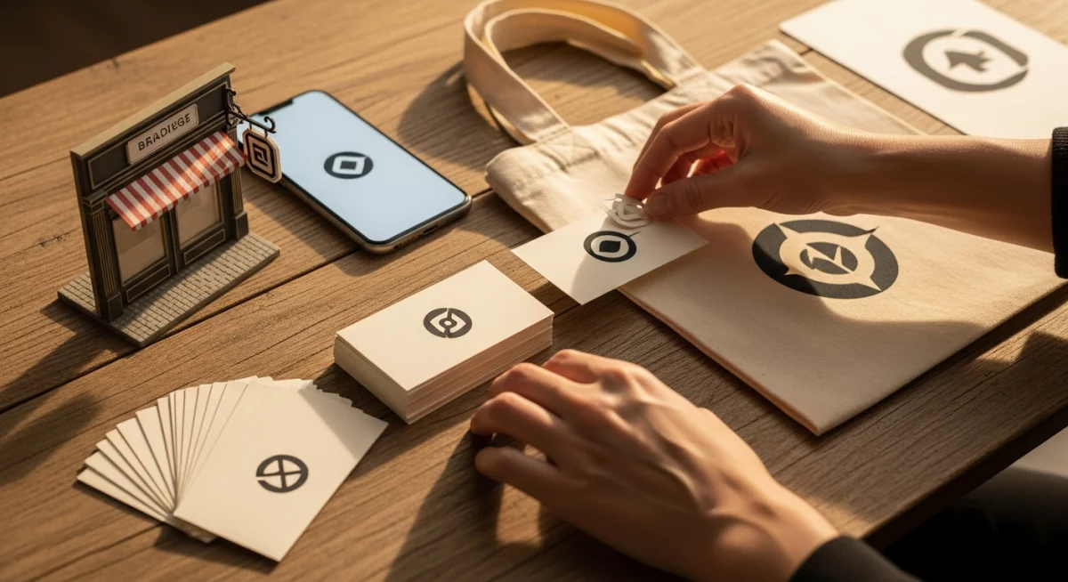 Designer travaillant sur plusieurs variantes de logo affichées sur un grand écran, comparant les versions horizontales, verticales et iconiques