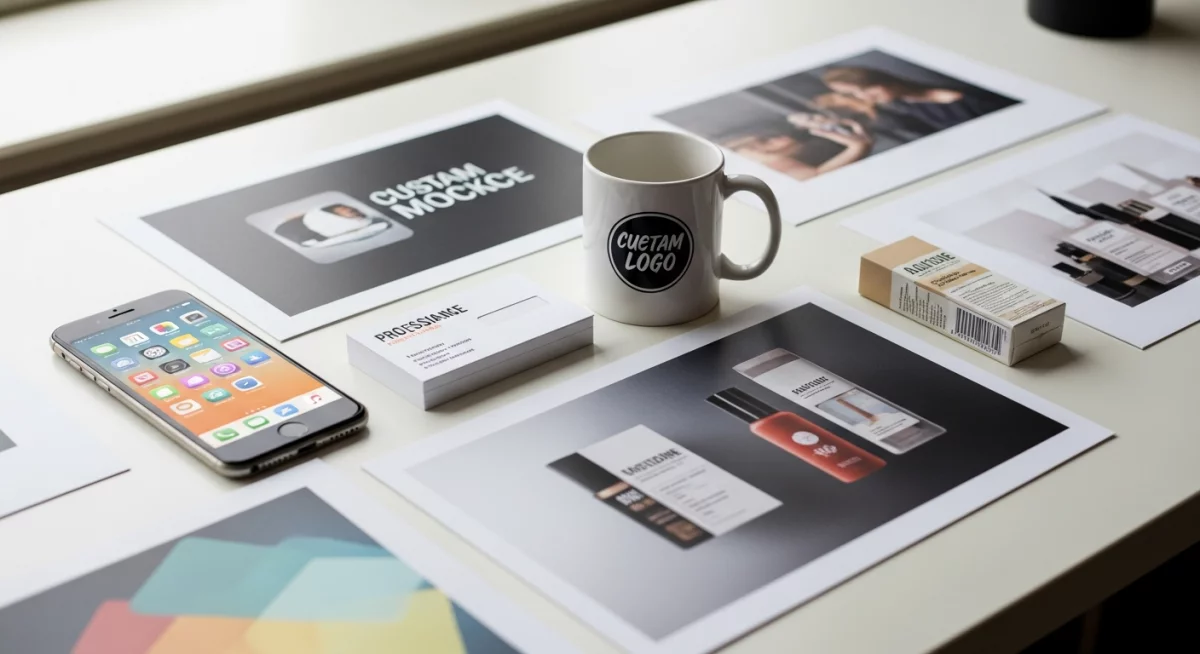 Écran d'ordinateur affichant l'interface de Photoshop avec un mockup de t-shirt en cours d'édition, calques visibles et outil de masque actif