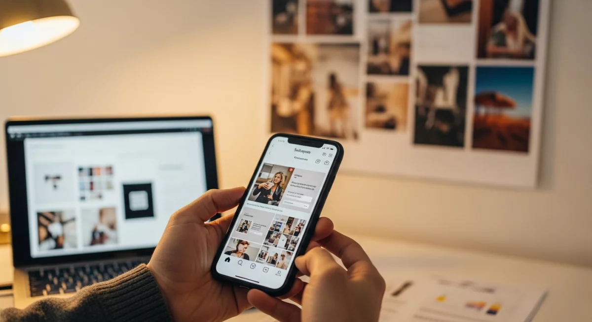 Équipe marketing collaborant sur des designs Instagram avec ordinateurs affichant interfaces Canva et Figma