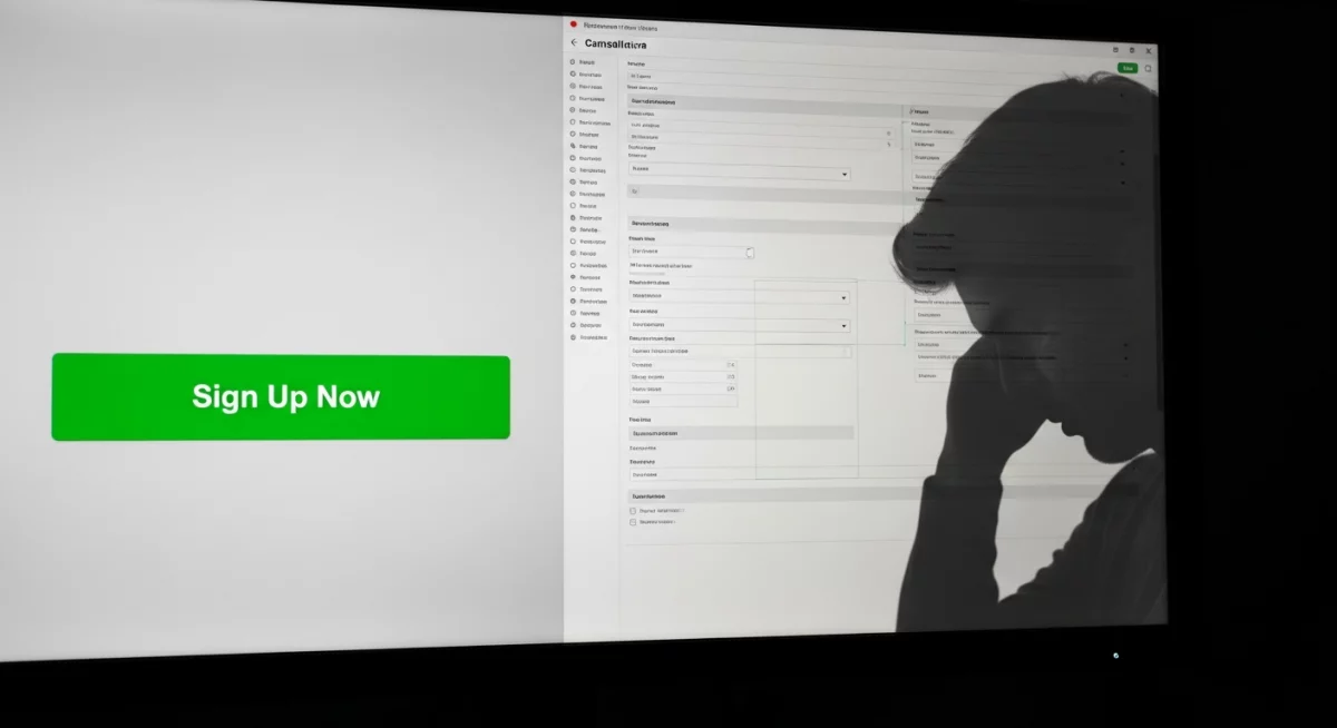 Écran d'ordinateur montrant une interface web avec des éléments de design trompeurs