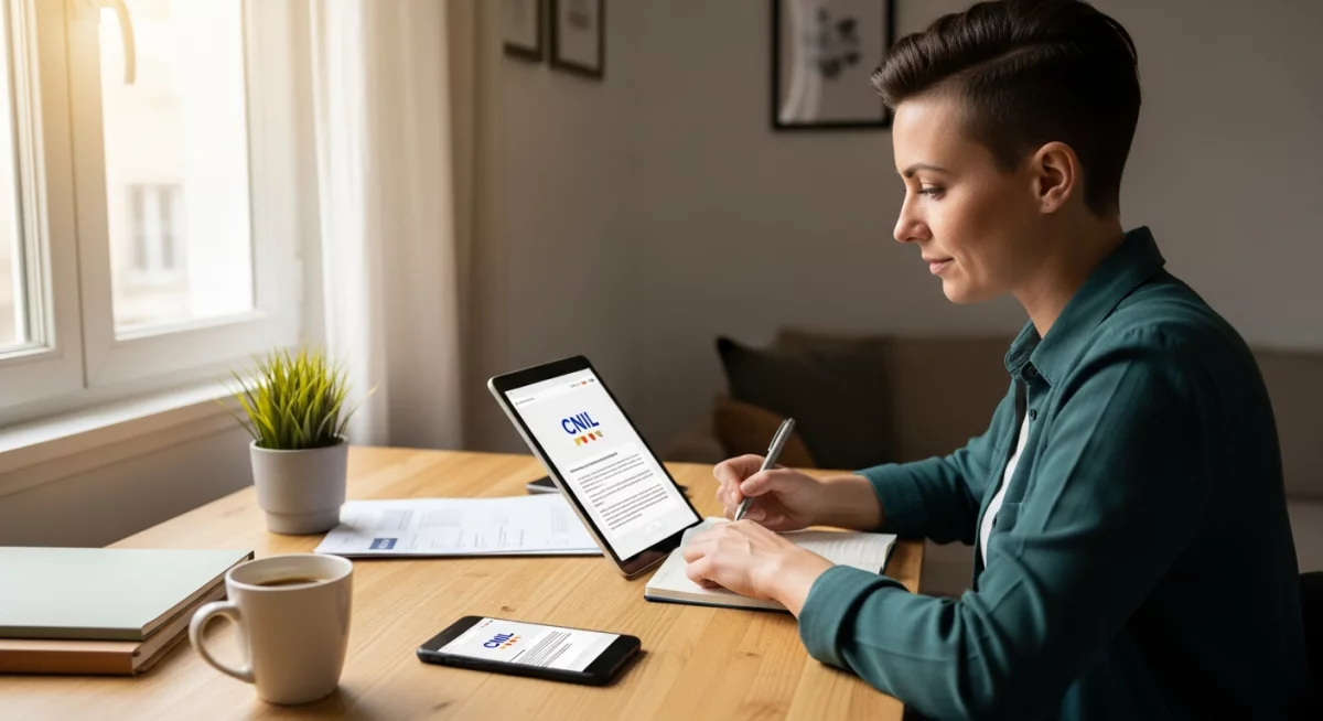 Personne regardant son smartphone avec une expression préoccupée face à un formulaire de consentement confus