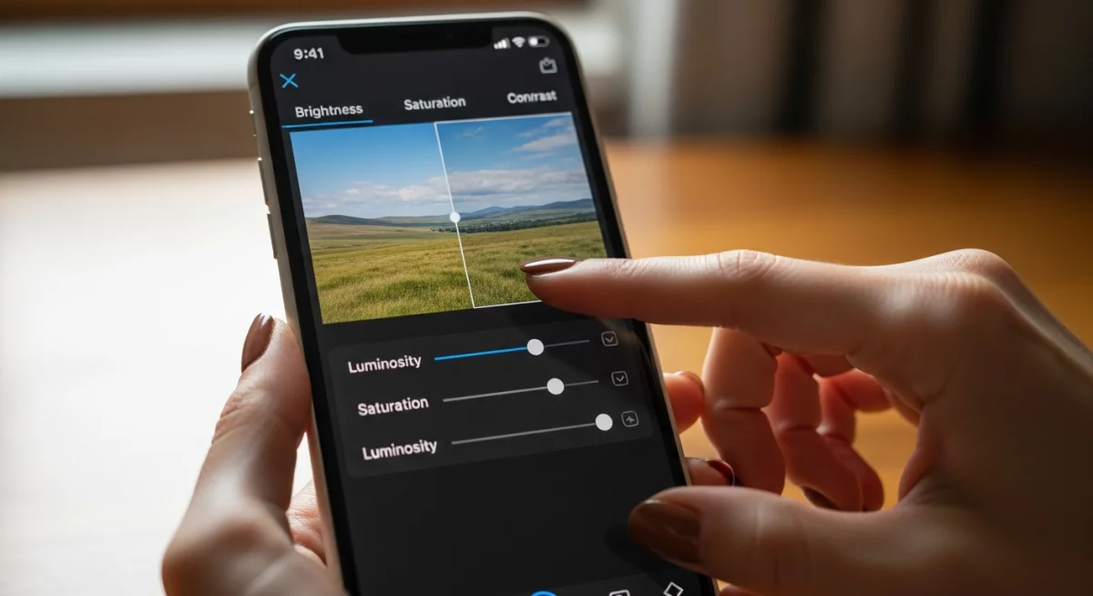 Smartphone affichant l'interface de retouche photo avec curseurs de réglage luminosité et saturation, main en train d'ajuster les paramètres